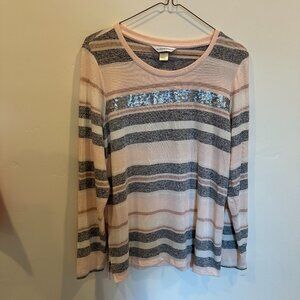NWT Christopher & Banks Pink & Gray Stripe Sequin Long Sleeve TShirt Size S